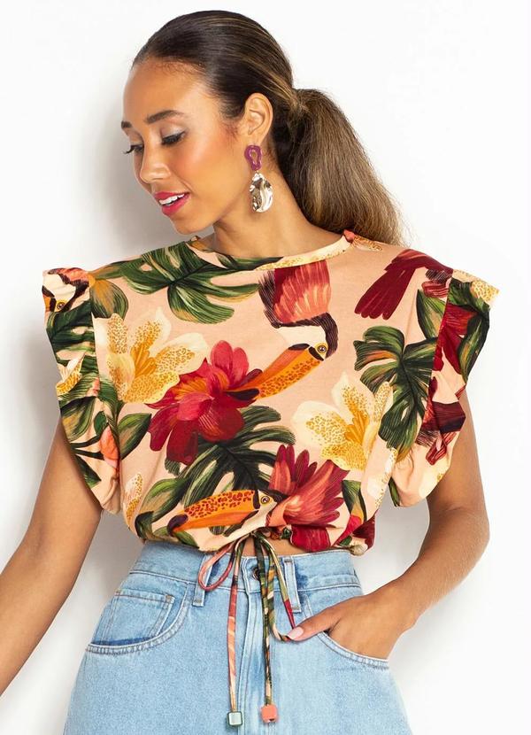Farm - Blusa de Malha Babado Magia de Tucano Bege