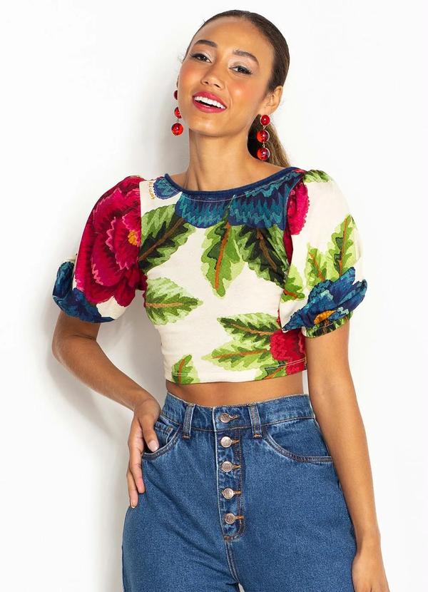 Farm - Blusa de Malha Manga Fofa Dinamarca Floral Off White