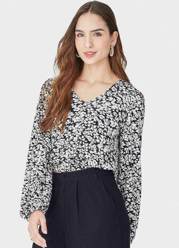 Malwee - Blusa Feminina Floral Long Cropped Preto