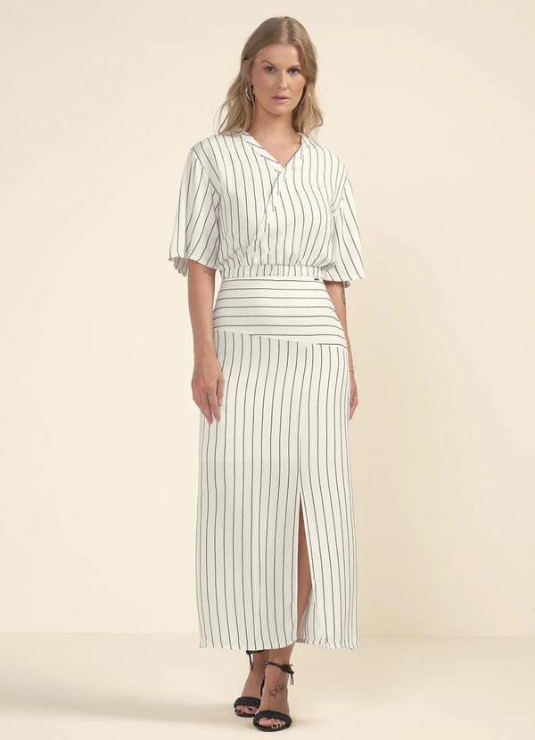 Marialícia - Blusa Feminina Transpassada Listrada Bege 2