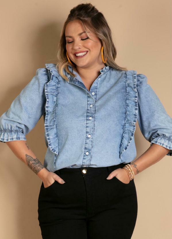 Quintess - Blusa Jeans com Babados Gola, Frente e Mangas