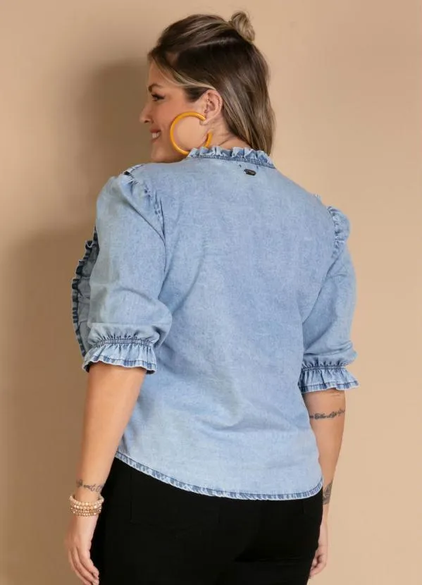 Quintess - Blusa Jeans com Babados Gola, Frente e Mangas 7