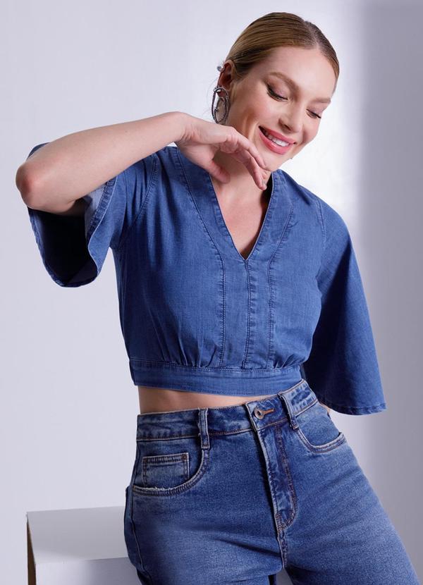 Lunender - Blusa Jeans Cropped com Manga Flare Azul