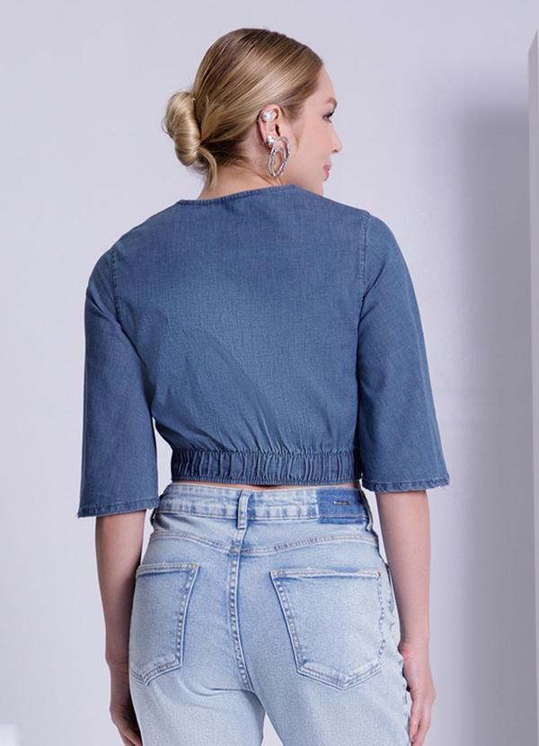 Lunender - Blusa Jeans Cropped com Manga Flare Azul 2