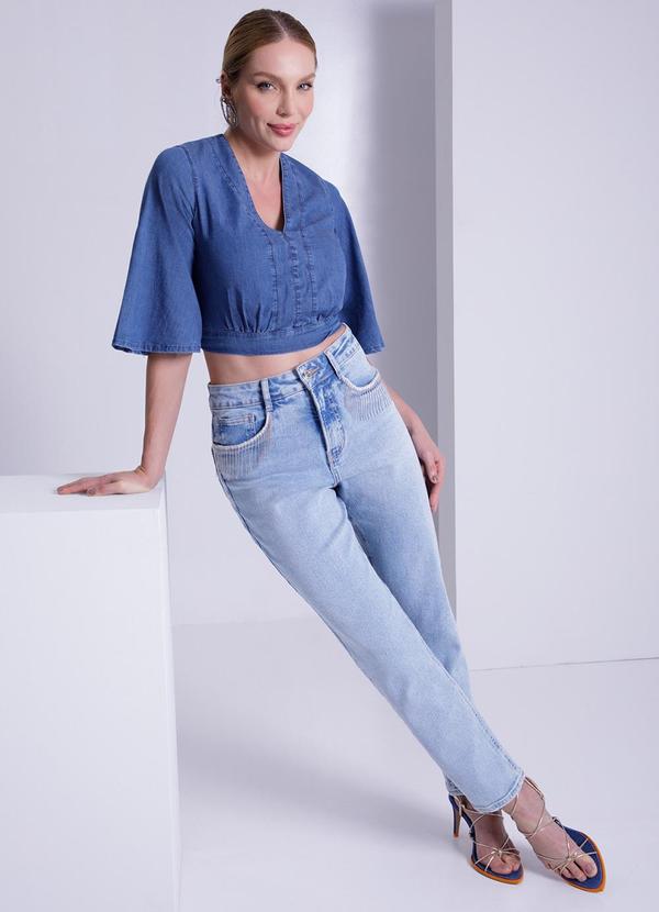 Lunender - Blusa Jeans Cropped com Manga Flare Azul 3