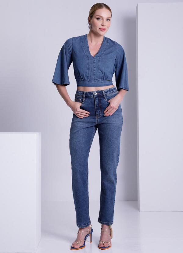 Lunender - Blusa Jeans Cropped com Manga Flare Azul 5