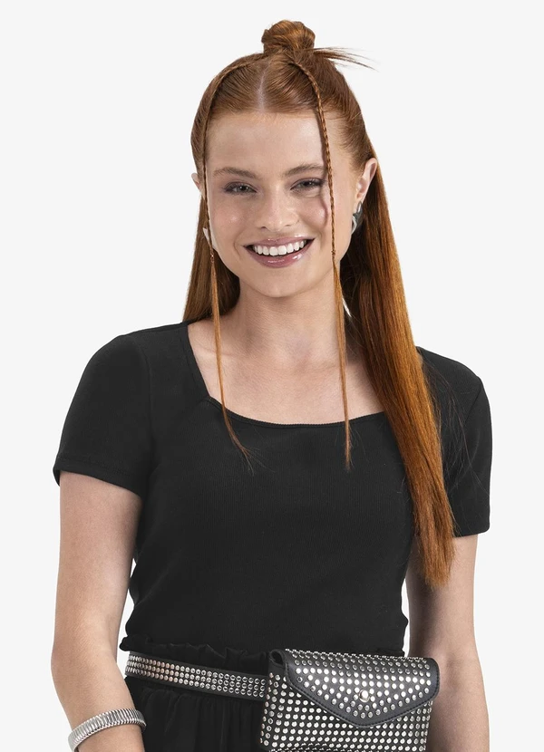 Minty - Blusa Juvenil Manga Curta em Ribana Preto