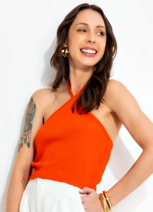 Bimini - Blusa Laranja em Malha Canelada Texturizada - BIMINI