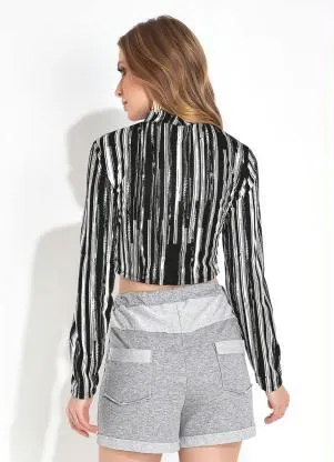 Moda Pop - Blusa Listras Preta com Manga Longa - MODA POP
