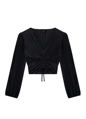 Enfim - Blusa Preta Cropped Acetinada Plissada - ENFIM
