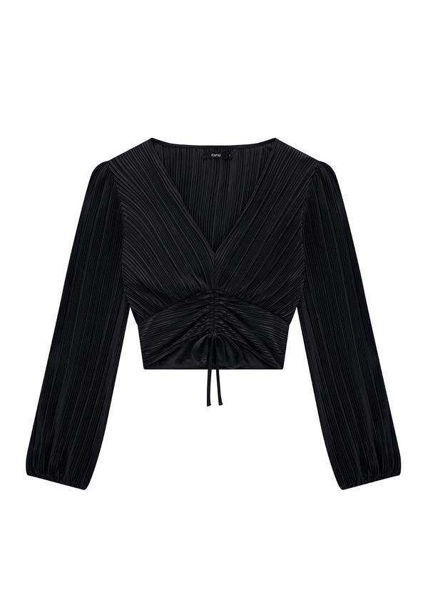 Enfim - Blusa Preta Cropped Acetinada Plissada