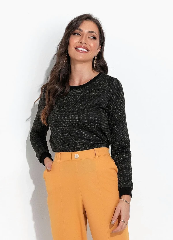 Moda Pop - Blusa Preto em Moletom Metalizado