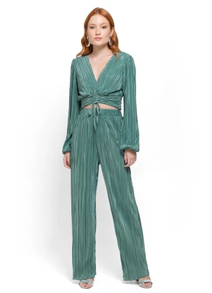 Enfim - Blusa Verde  Cropped Acetinada Plissada - ENFIM
