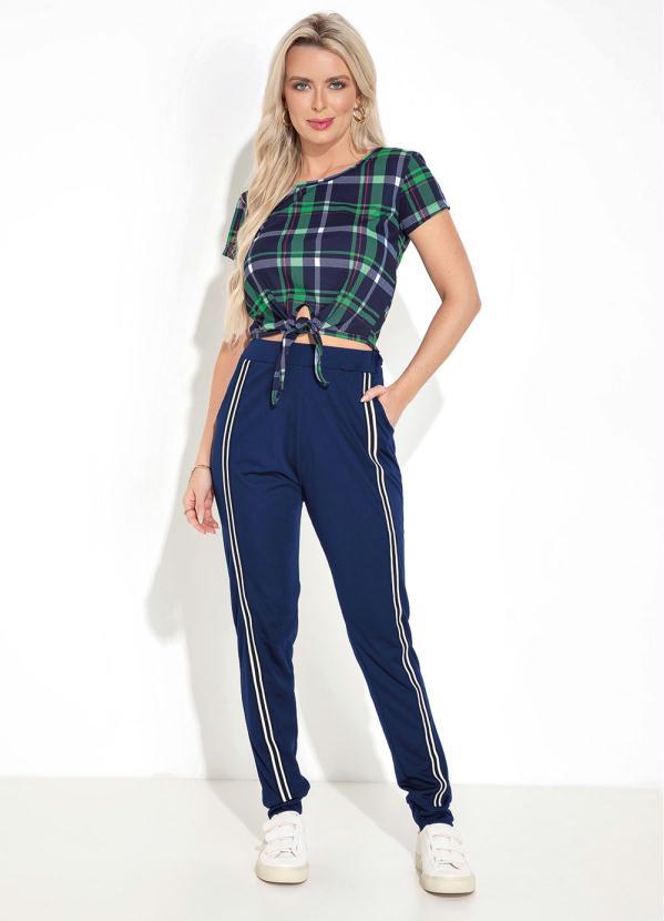 Moda Pop - Blusa Xadrez Marinho com Gota e Amarração 3