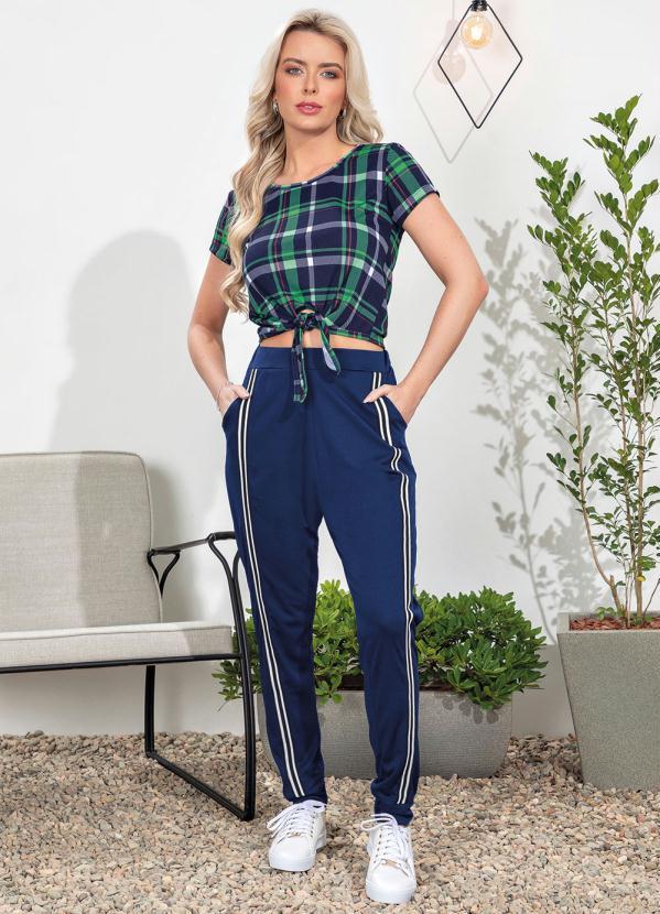 Moda Pop - Blusa Xadrez Marinho com Gota e Amarração 5