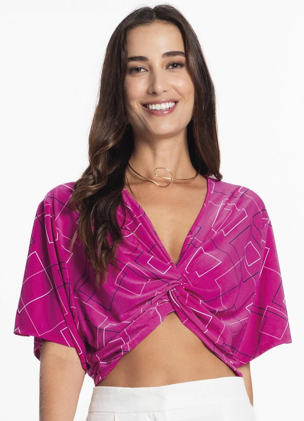 Rovitex - Blusa com Traanspassado em Forma de Nó Rosa