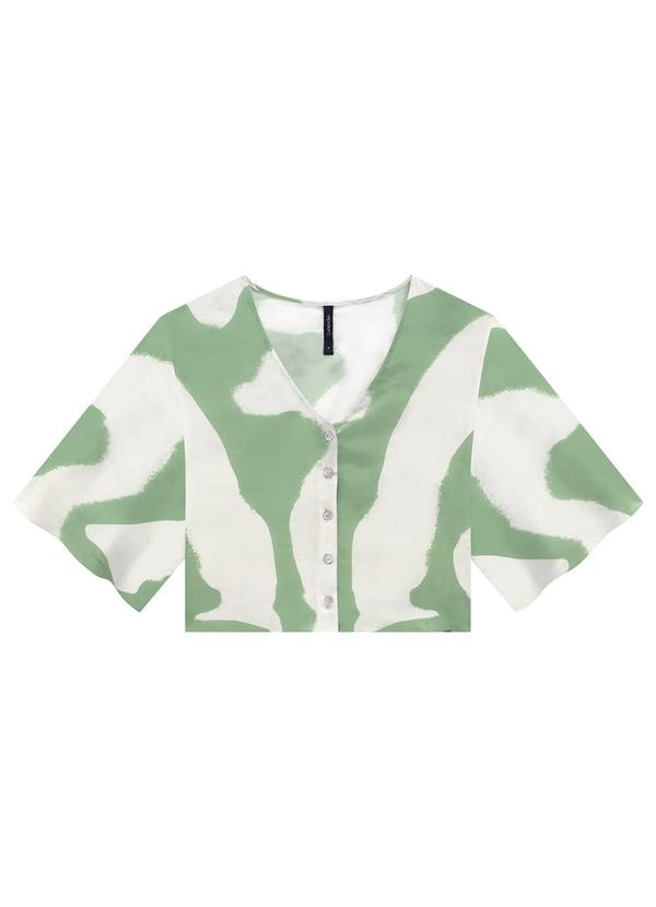 Lunender - Camisa Cropped Ampla em Viscose Estampada Verde