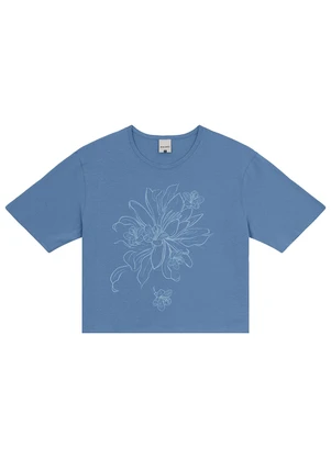 Malwee - Camiseta Azul Cropped Floral em Cotton - MALWEE