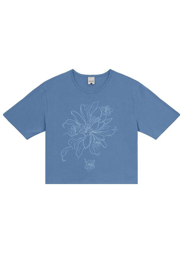 Malwee - Camiseta Azul Cropped Floral em Cotton