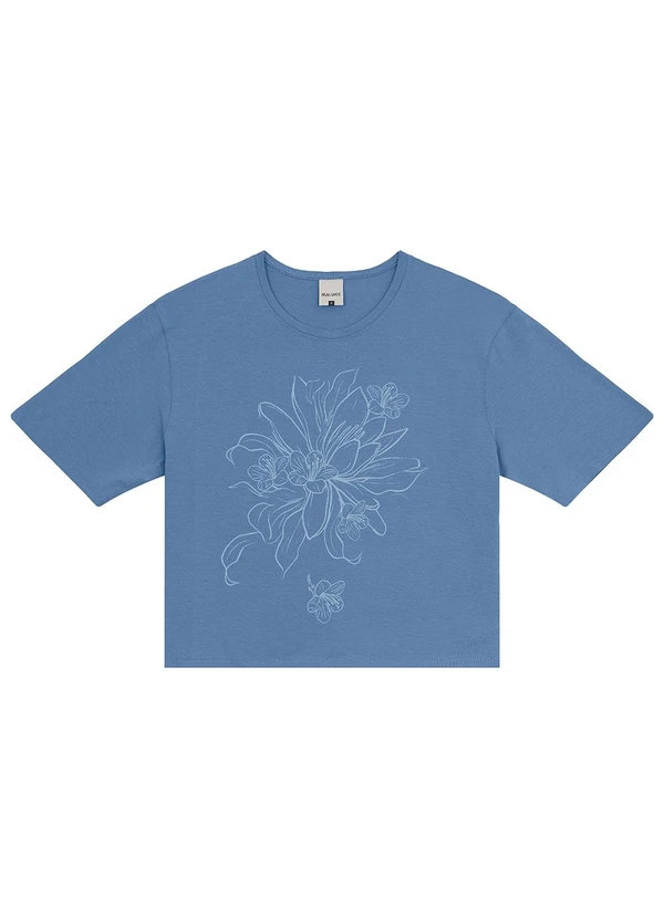 Malwee - Camiseta Azul Cropped Floral em Cotton
