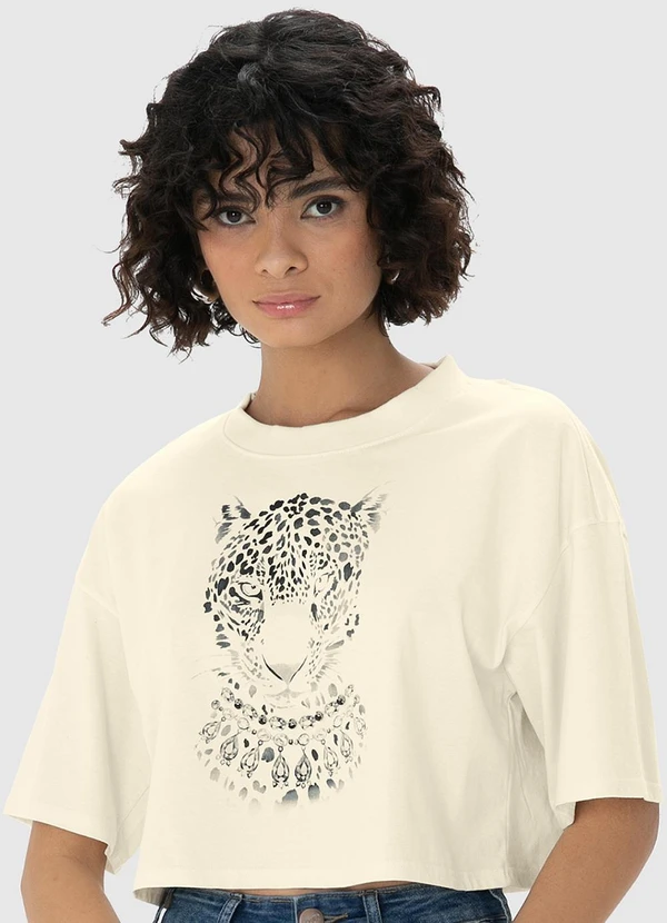 Enfim - Camiseta Off White Feminina Cropped Onça 1