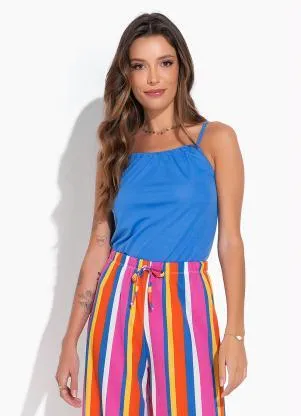 Moda Pop - Cropped Azul com Túnel e Franzido no Decote - MODA POP