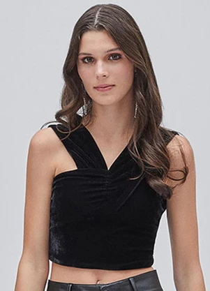 Authoria - Cropped Black Transpassado de Veludo Preto - AUTHORIA