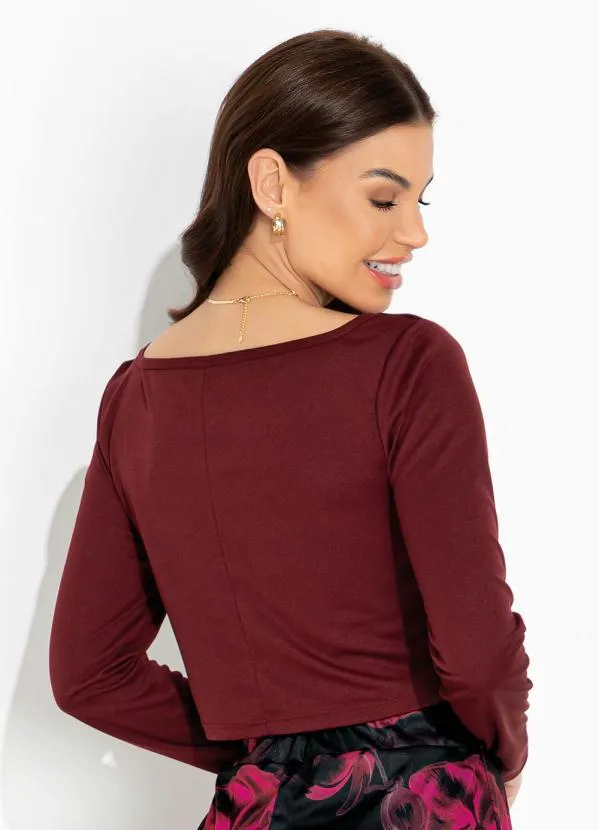 Moda Pop - Cropped Bordô com Mangas Longas Bufantes 2