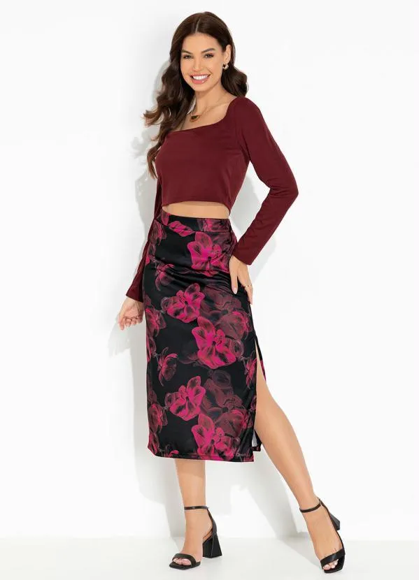 Moda Pop - Cropped Bordô com Mangas Longas Bufantes 3