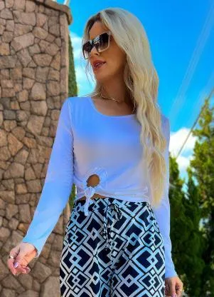 Moda Pop - Cropped Branca Manga Longa com Amarração - MODA POP