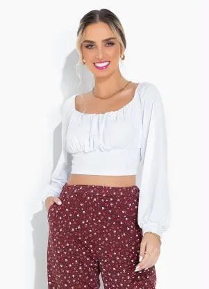 Moda Pop - Cropped Branco Ombro a Ombro com Mangas Longas - MODA POP