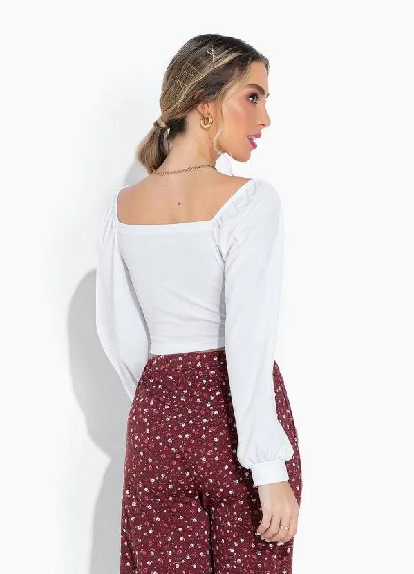 Moda Pop - Cropped Branco Ombro a Ombro com Mangas Longas 2