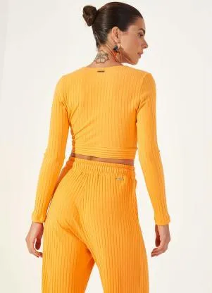 Colcci - Cropped Canelado Manga Longa Laranja - COLCCI