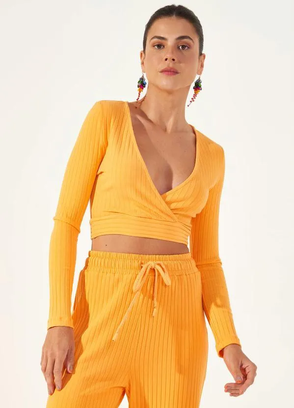 Colcci - Cropped Canelado Manga Longa Laranja