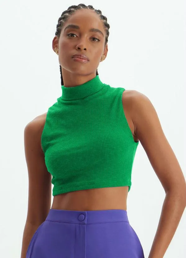 Lança Perfume - Cropped de Malha Canelada sem Manga Gola Alta Verde