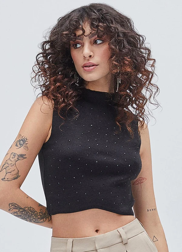 Authoria - Cropped de Tricot com Strass Preto