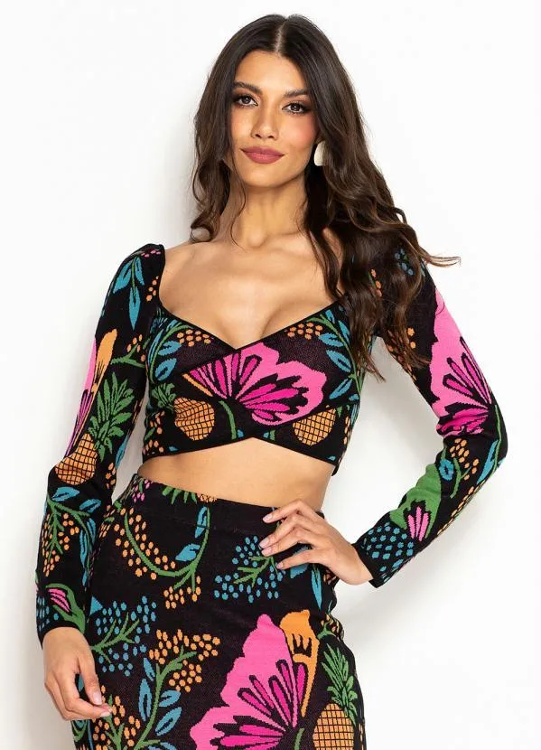 Farm - Cropped de Tricot Manga Longa Borboletário Preto