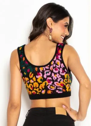 Farm - Cropped de Tricot Oncinha Flor de Banana Preto - FARM