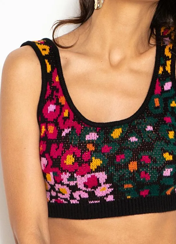 Farm - Cropped de Tricot Oncinha Flor de Banana Preto 6