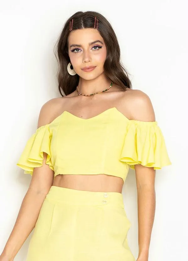 Maria Filó - Cropped de Viscose Manga Babado Amarelo