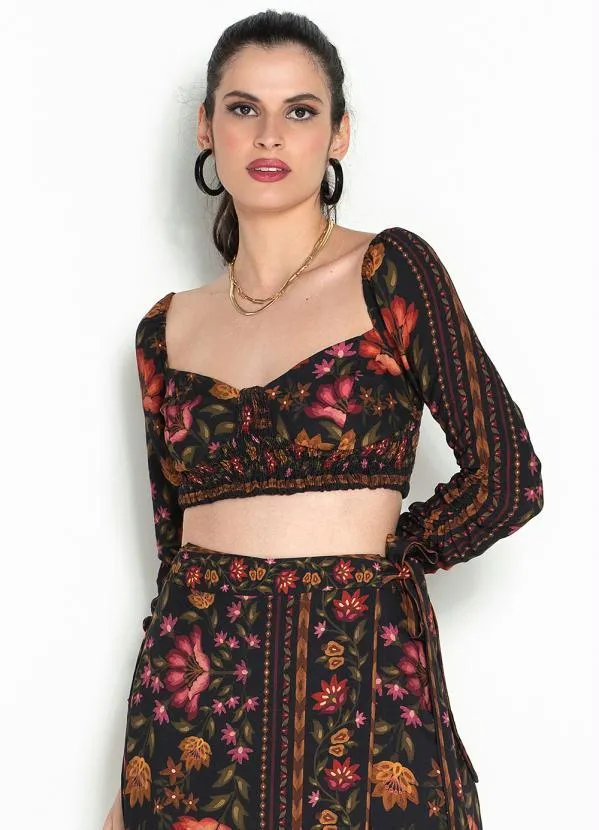 Farm - Cropped Delicadeza de Arara Viscose Preto