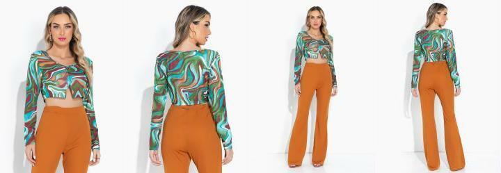 Cropped Efeito Lquido Turquesa de Mangas Longas