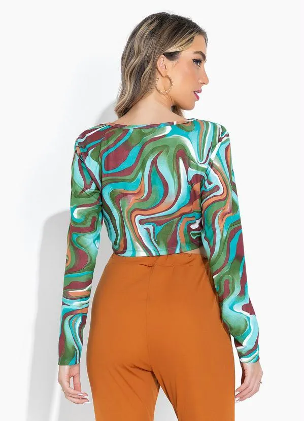 Moda Pop - Cropped Efeito Líquido Turquesa de Mangas Longas 2