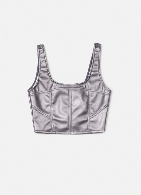 Authoria - Cropped Fake Leather Prata Metalizado Chumbo