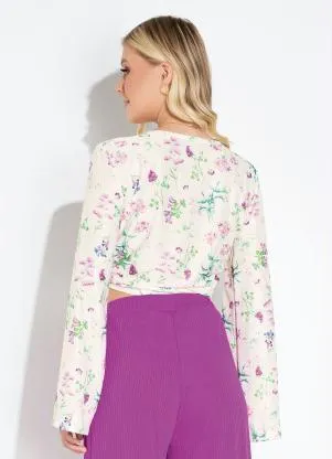 Moda Pop - Cropped Floral com Amarração e Mangas Longas - MODA POP