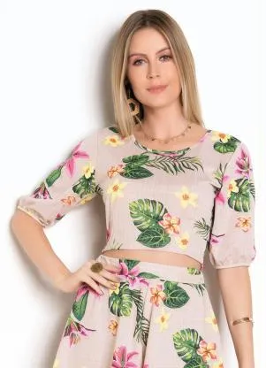 Moda Pop - Cropped Floral com Mangas  Bufantes - MODA POP