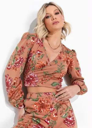 Moda Pop - Cropped Floral Marrom Decote Transpassado - MODA POP