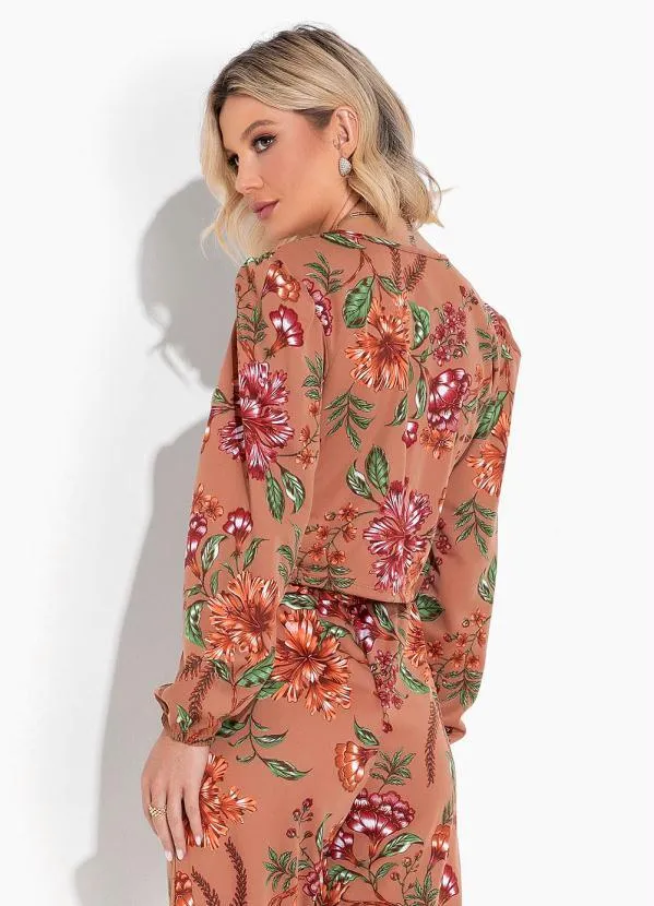 Moda Pop - Cropped Floral Marrom Decote Transpassado 2
