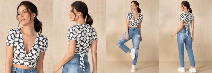 Cropped Floral Preto com Amarrao Frontal