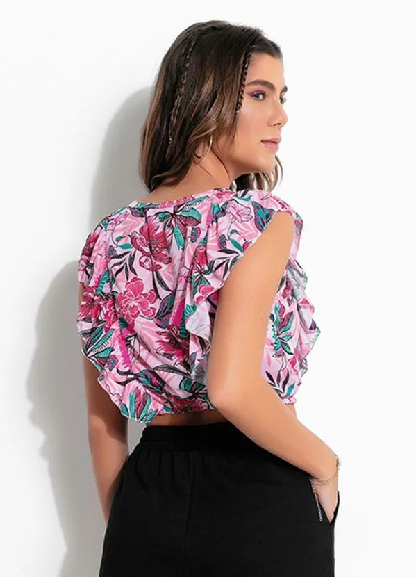 Queima Estoque - Cropped Floral Rosa com Babados e Elástico 2